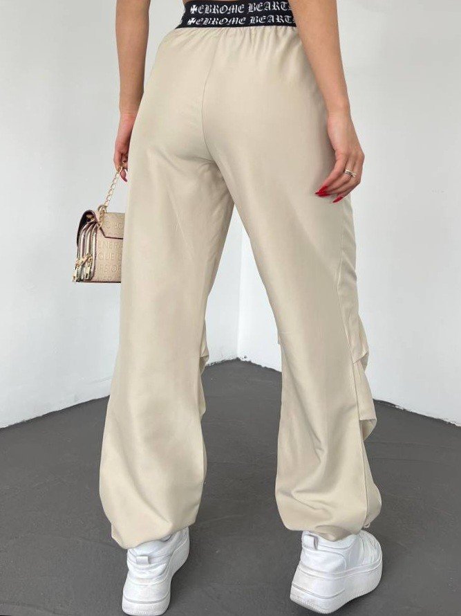 Beli Bantlı Paçası Lastikli Pantolon -Bej