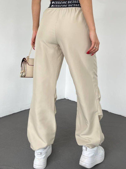 Beli Bantlı Paçası Lastikli Pantolon -Bej