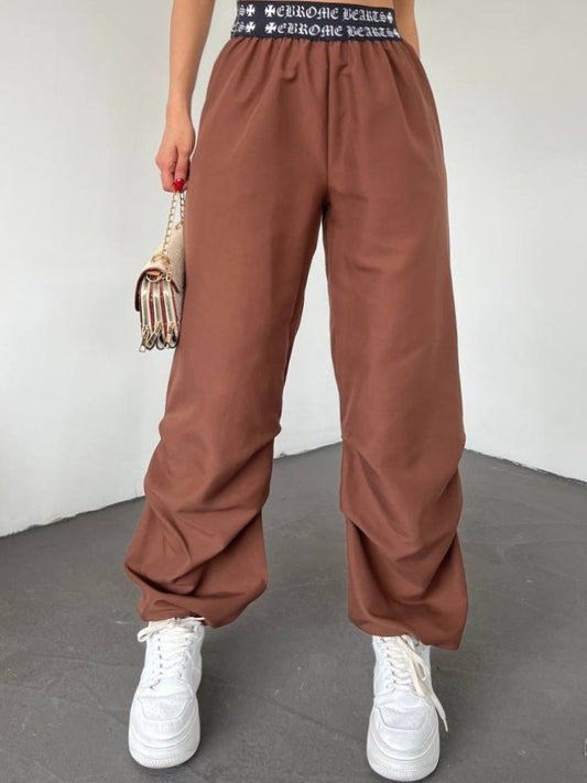 Beli Bantlı Paçası Lastikli Pantolon -Kahve