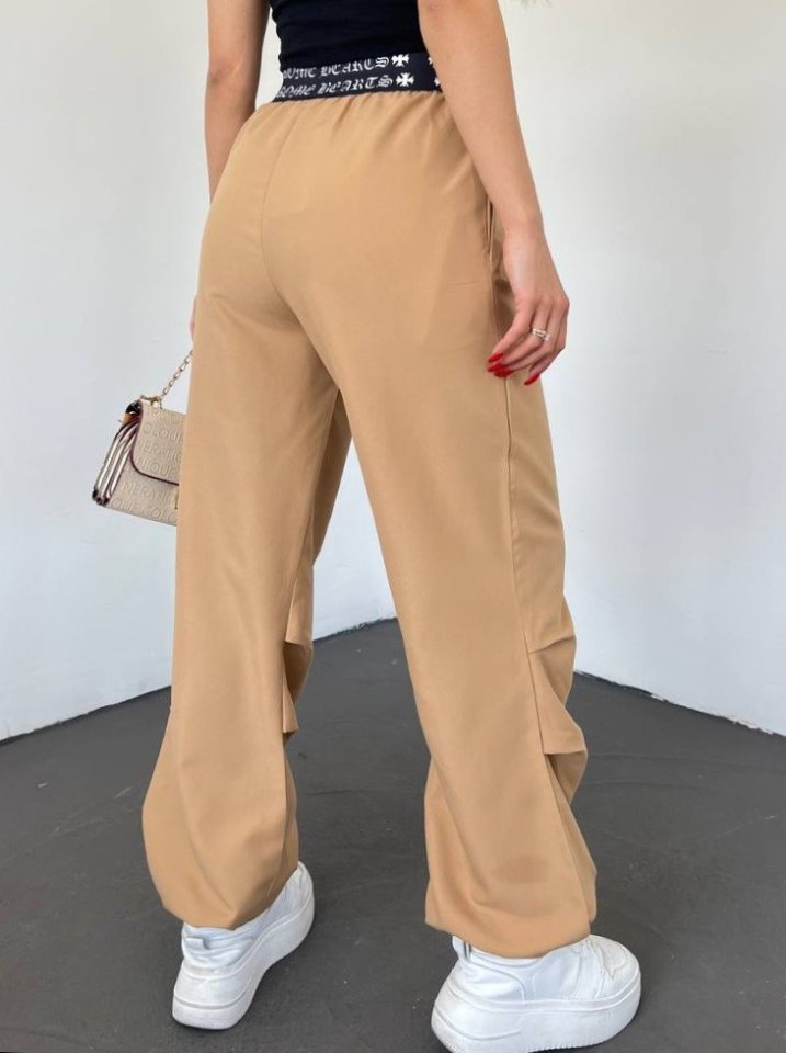 Beli Bantlı Paçası Lastikli Pantolon -Vizon