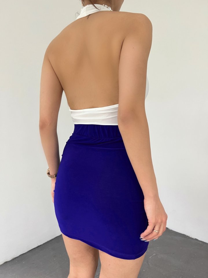 Önü Büzgülü Çift Kat Sandy Mini Etek -Saks