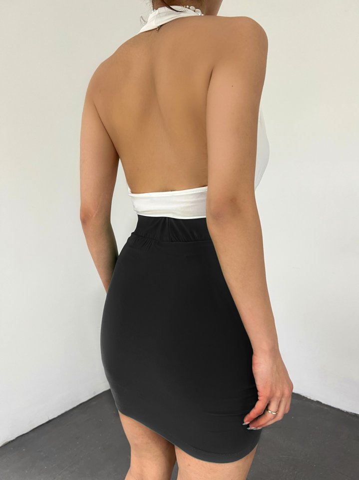 Önü Büzgülü Çift Kat Sandy Mini Etek -Siyah