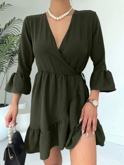 Eteği Ve Kolları Fırfırlı Beli Lastikli Ayrobin Elbise -Haki