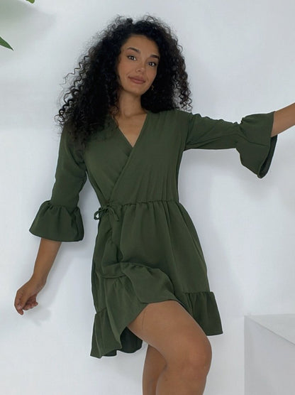 Eteği Ve Kolları Fırfırlı Beli Lastikli Ayrobin Elbise -Haki