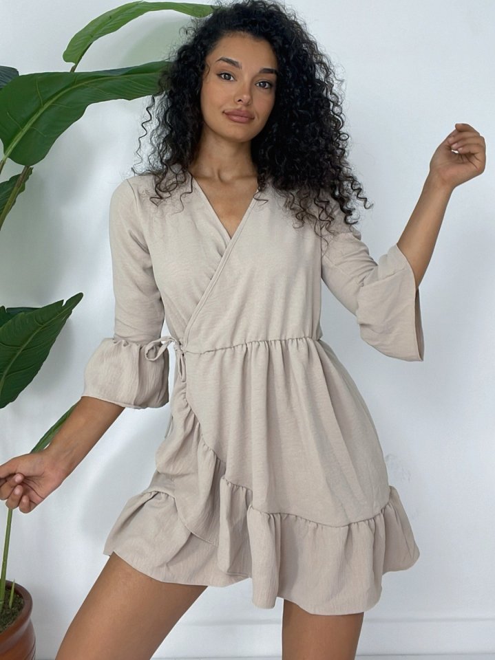 Eteği Ve Kolları Fırfırlı Beli Lastikli Ayrobin Elbise  -Açık Vizon