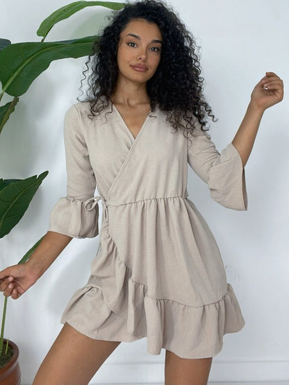 Eteği Ve Kolları Fırfırlı Beli Lastikli Ayrobin Elbise  -Açık Vizon