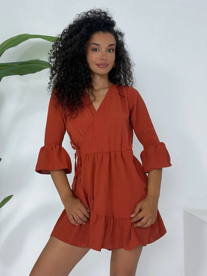 Eteği Ve Kolları Fırfırlı Beli Lastikli Ayrobin Elbise  -Kiremit