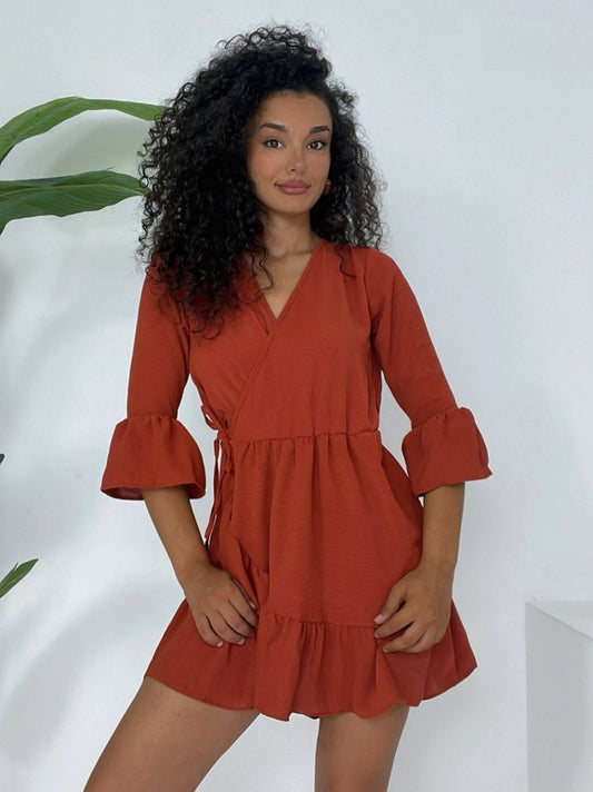 Eteği Ve Kolları Fırfırlı Beli Lastikli Ayrobin Elbise  -Kiremit