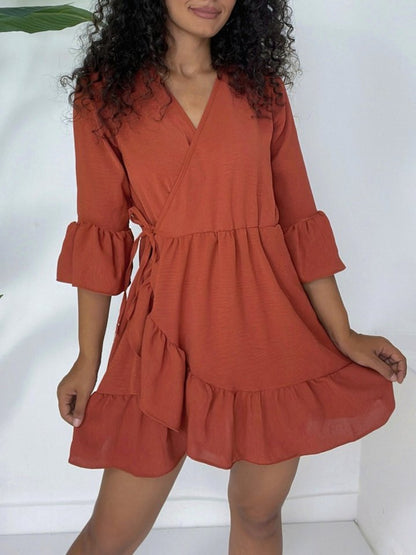 Eteği Ve Kolları Fırfırlı Beli Lastikli Ayrobin Elbise  -Kiremit