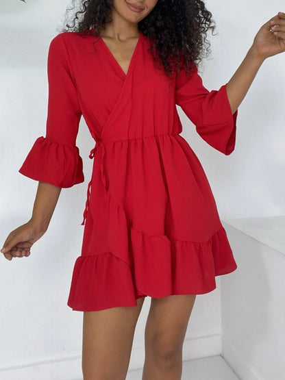 Eteği Ve Kolları Fırfırlı Beli Lastikli Ayrobin Elbise  -Kırmızı