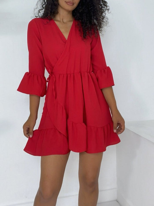 Eteği Ve Kolları Fırfırlı Beli Lastikli Ayrobin Elbise  -Kırmızı