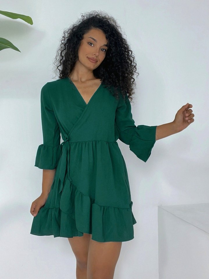Eteği Ve Kolları Fırfırlı Beli Lastikli Ayrobin Elbise  -Zümrüt