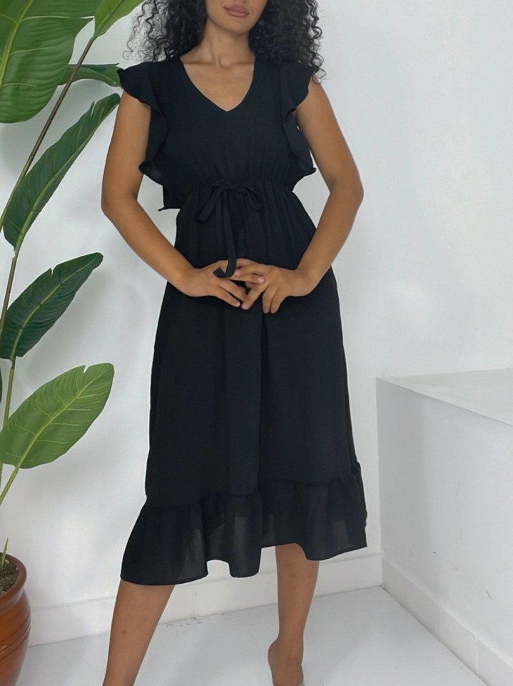 Omuzu Fırfırlı Beli Lastikli Sıfır Kol Midi Boy Ayrobin Elbise -Siyah