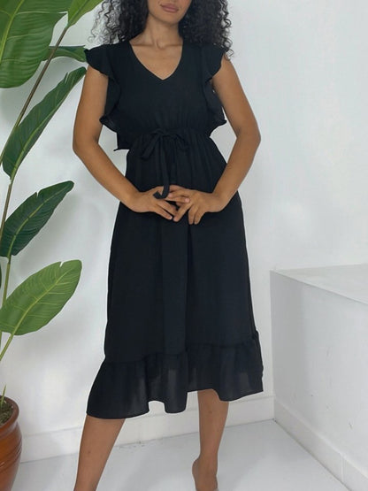 Omuzu Fırfırlı Beli Lastikli Sıfır Kol Midi Boy Ayrobin Elbise -Siyah