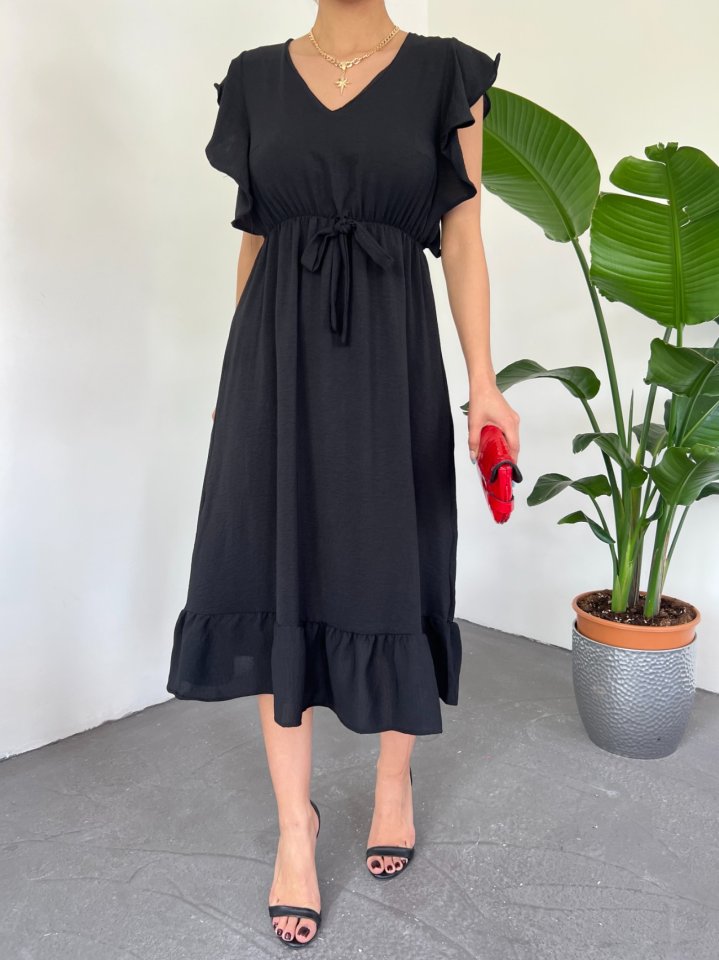 Omuzu Fırfırlı Beli Lastikli Sıfır Kol Midi Boy Ayrobin Elbise -Siyah