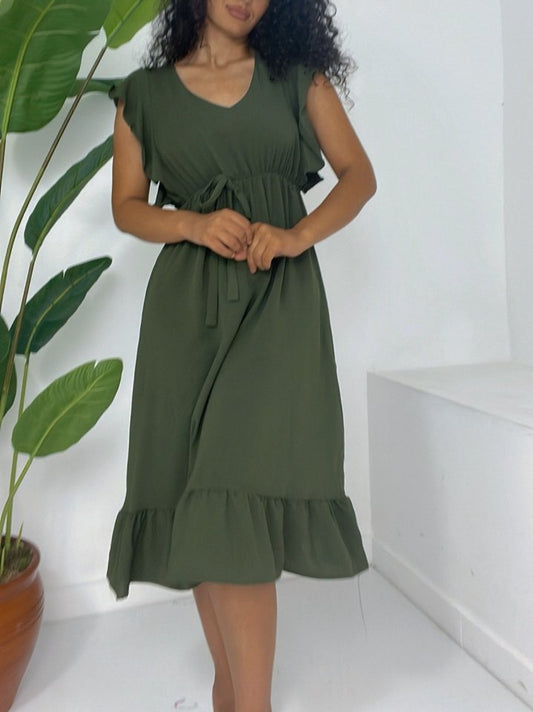 Omuzu Fırfırlı Beli Lastikli Sıfır Kol Midi Boy Ayrobin Elbise  -Haki