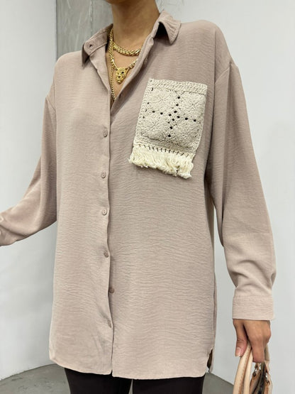 Örgü Cepli Düğmeli Ayrobin Gömlek -Açık Vizon