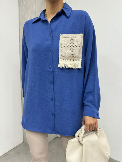 Örgü Cepli Düğmeli Ayrobin Gömlek -İndigo