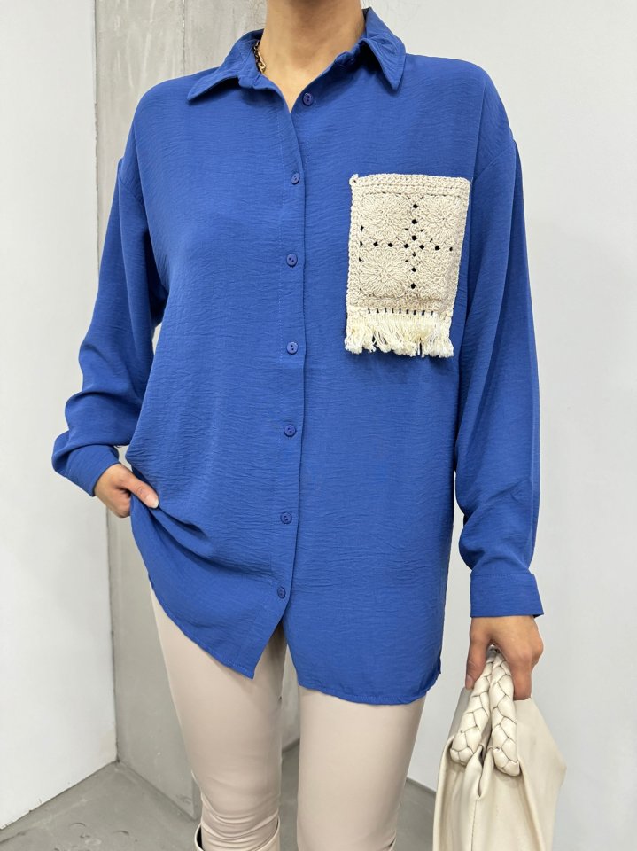 Örgü Cepli Düğmeli Ayrobin Gömlek -İndigo