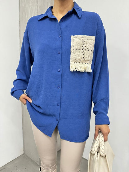 Örgü Cepli Düğmeli Ayrobin Gömlek -İndigo