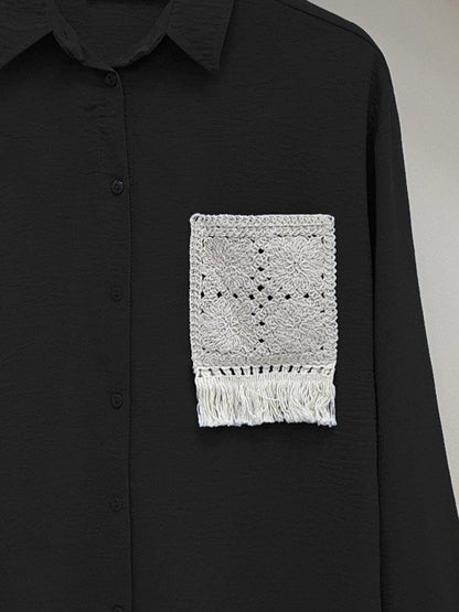 Örgü Cepli Düğmeli Ayrobin Gömlek -Siyah