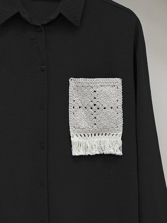 Örgü Cepli Düğmeli Ayrobin Gömlek -Siyah