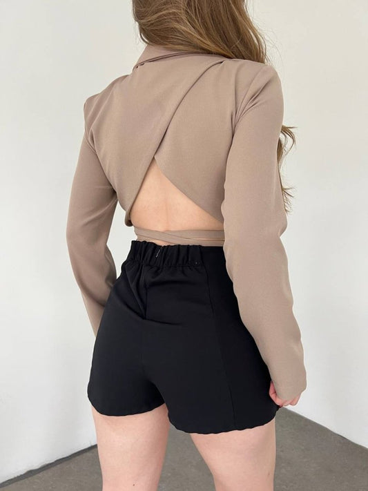Sırt Dekolteli Beli Bağcıklı Crop Ceket -Vizon