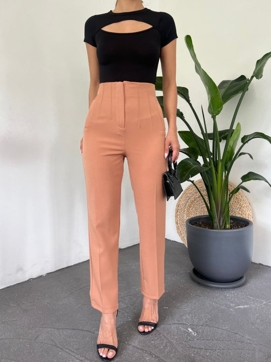 Yüksek Bel Cep Detaylı Fermuarlı Pantolon  -Tarçın