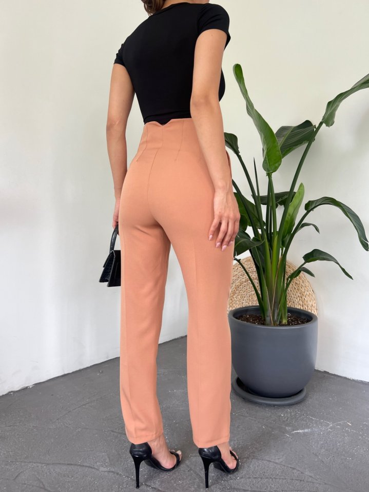 Yüksek Bel Cep Detaylı Fermuarlı Pantolon  -Tarçın