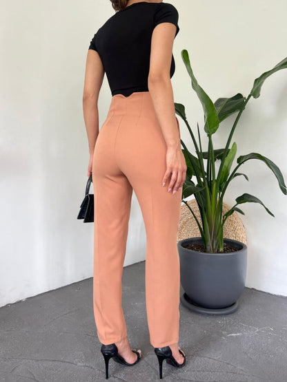 Yüksek Bel Cep Detaylı Fermuarlı Pantolon  -Tarçın