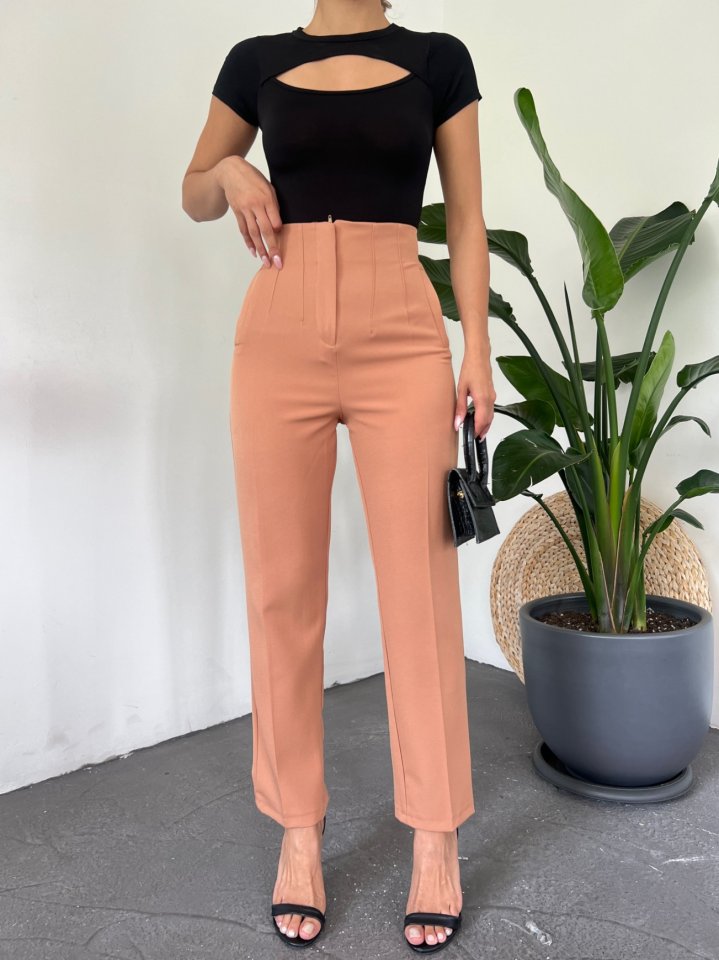 Yüksek Bel Cep Detaylı Fermuarlı Pantolon  -Tarçın