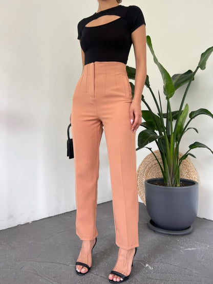Yüksek Bel Cep Detaylı Fermuarlı Pantolon  -Tarçın