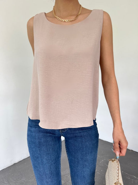 Sıfır Kollu Ayrobin Bluz  -Açık Vizon