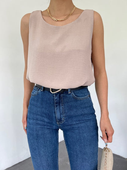 Sıfır Kollu Ayrobin Bluz  -Açık Vizon