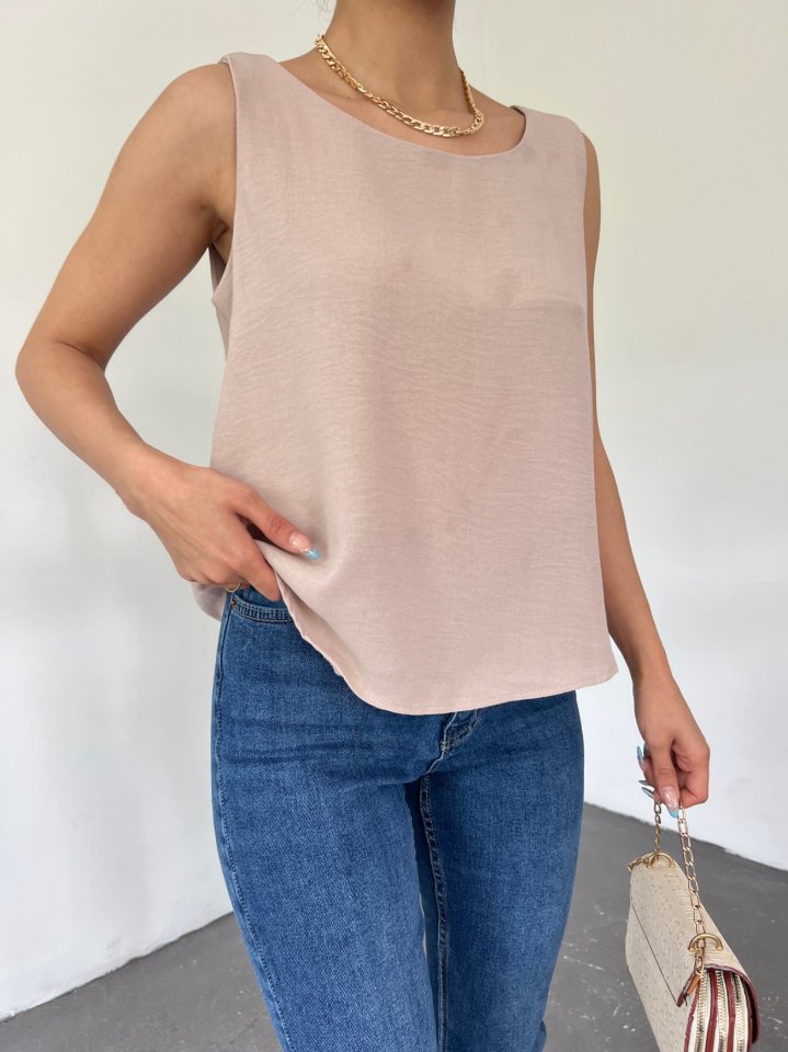 Sıfır Kollu Ayrobin Bluz  -Açık Vizon