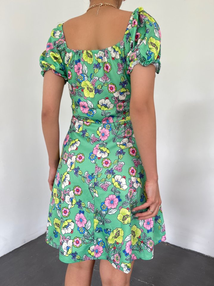 Yakası Lastikli Bağcık Detaylı Mini Elbise -A.Yeşil