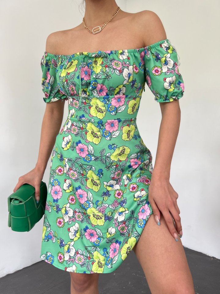 Yakası Lastikli Bağcık Detaylı Mini Elbise -A.Yeşil