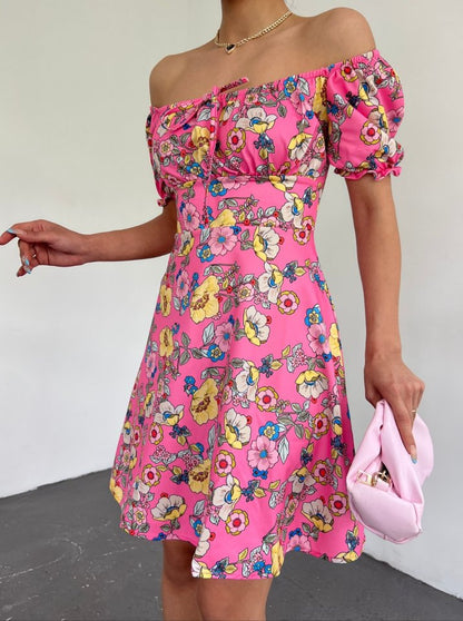 Yakası Lastikli Bağcık Detaylı Mini Elbise -Pembe