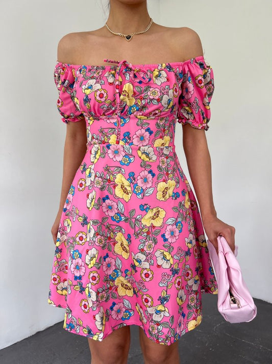 Yakası Lastikli Bağcık Detaylı Mini Elbise -Pembe