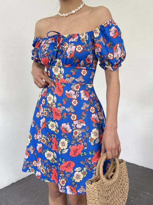 Yakası Lastikli Bağcık Detaylı Mini Elbise -Saks