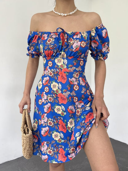 Yakası Lastikli Bağcık Detaylı Mini Elbise -Saks