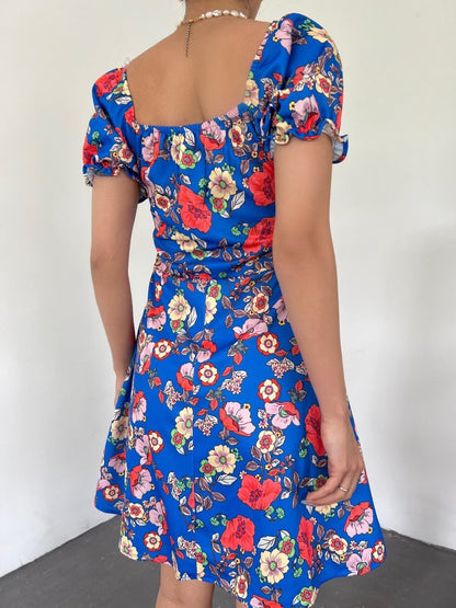 Yakası Lastikli Bağcık Detaylı Mini Elbise -Saks