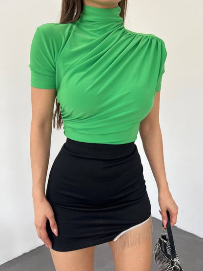 Çapraz Büzgülü Yarım Boğazlı Sandy Bluz -Yeşil