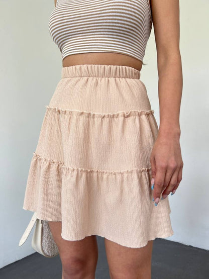 Parça Kumaş Beli Lastikli Şortlu Etek -Bej