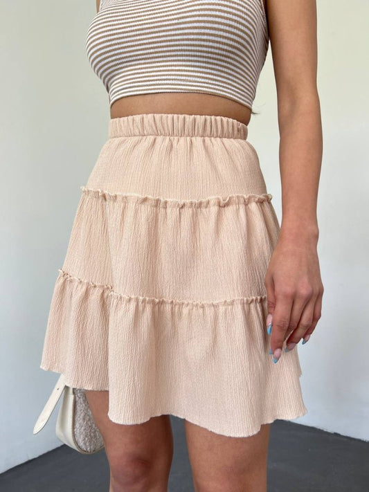 Parça Kumaş Beli Lastikli Şortlu Etek -Bej