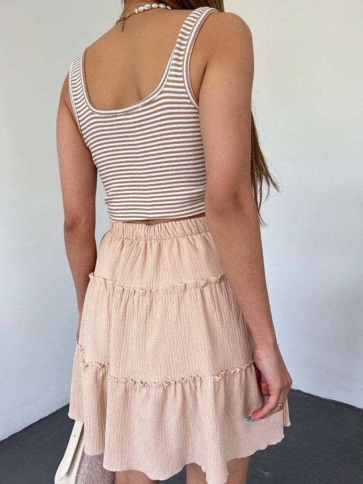 Parça Kumaş Beli Lastikli Şortlu Etek -Bej