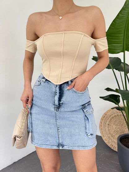 Sırt Fermuarlı Omuz Detaylı Korse Crop  -Bej