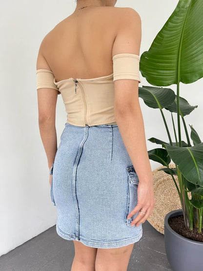 Sırt Fermuarlı Omuz Detaylı Korse Crop  -Bej