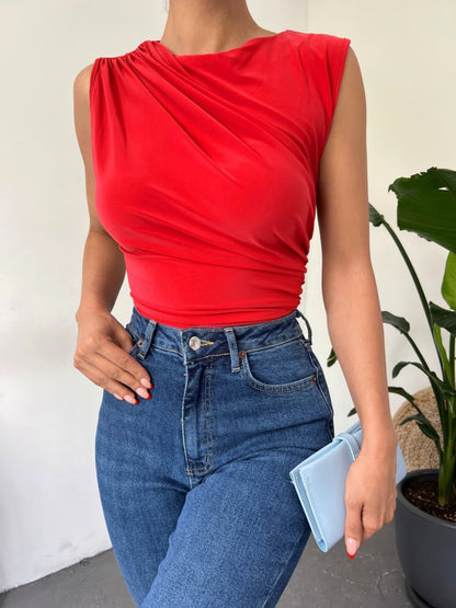 Bisiklet Yaka Sıfır Kol Sandy Bluz -Kırmızı