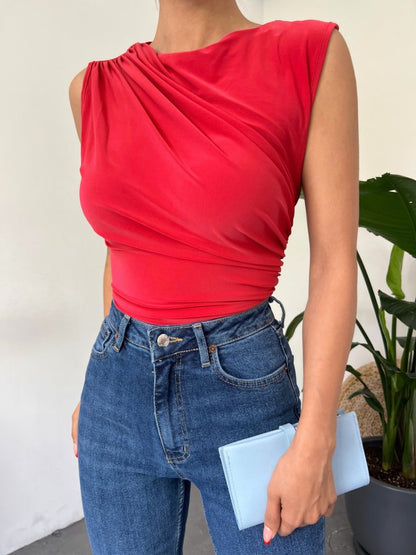 Bisiklet Yaka Sıfır Kol Sandy Bluz -Kırmızı